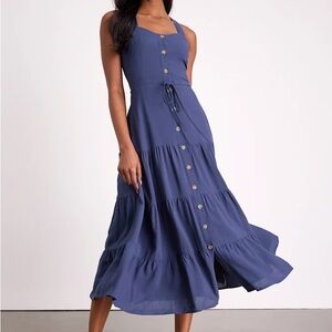 Lulu's Navy Button-Front Midi Dress